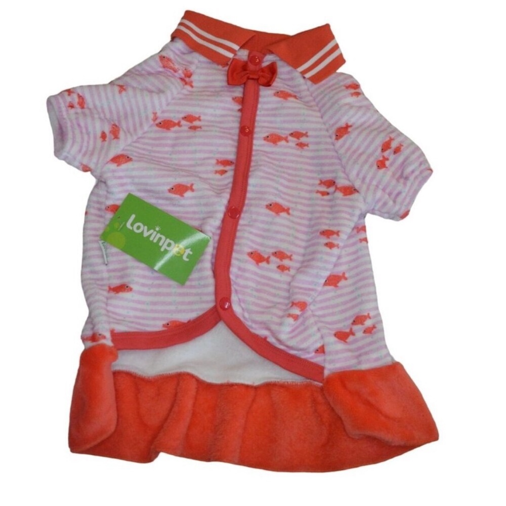 Lovinpet Dog Pajamas Soft Comfy Fleece Pjs Pink & Orange Striped Fish Design Siz